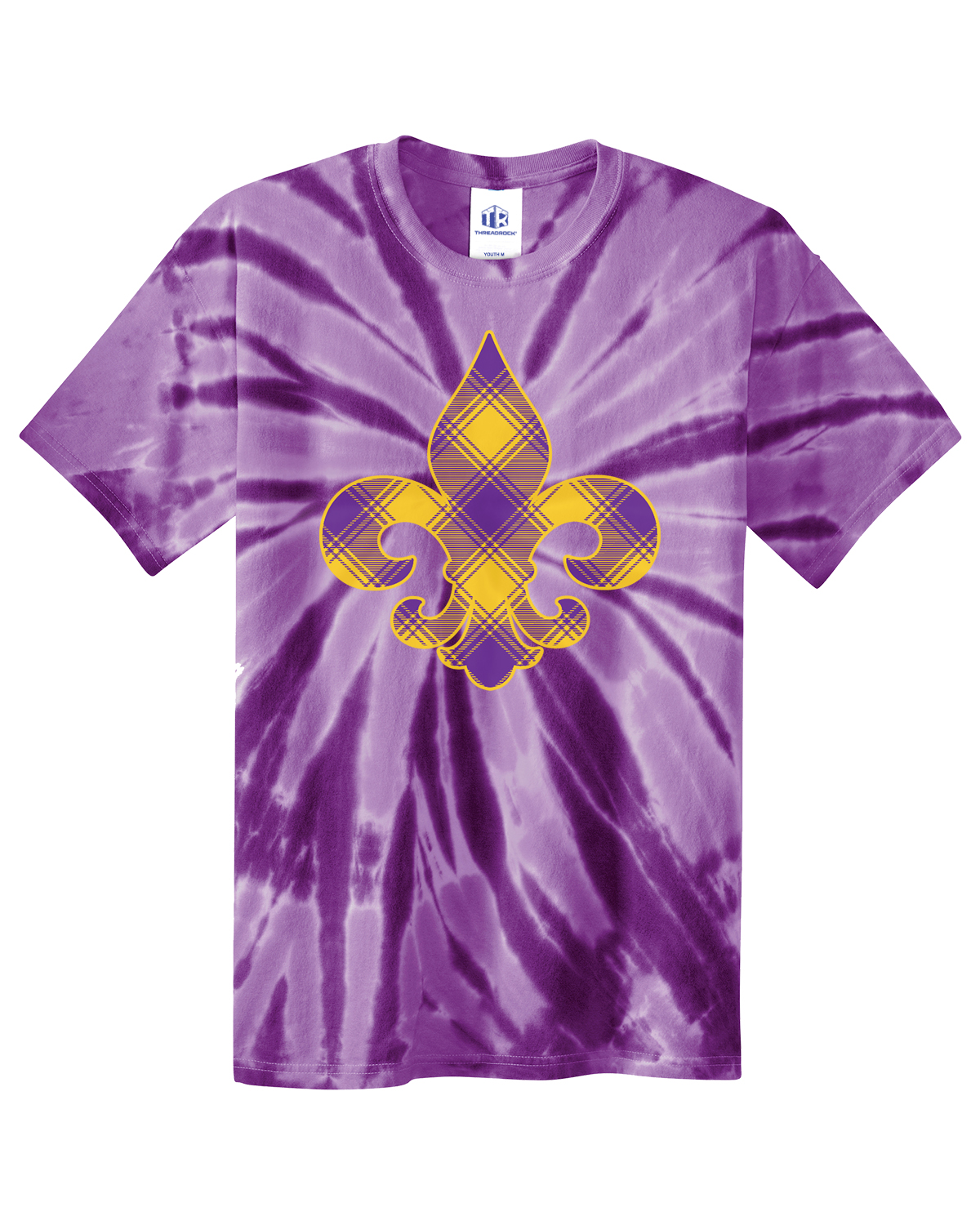 Plaid Mardi Gras Fleur De Lis Youth Tie Dye T-Shirt New Orleans Party - Picture 4 of 5