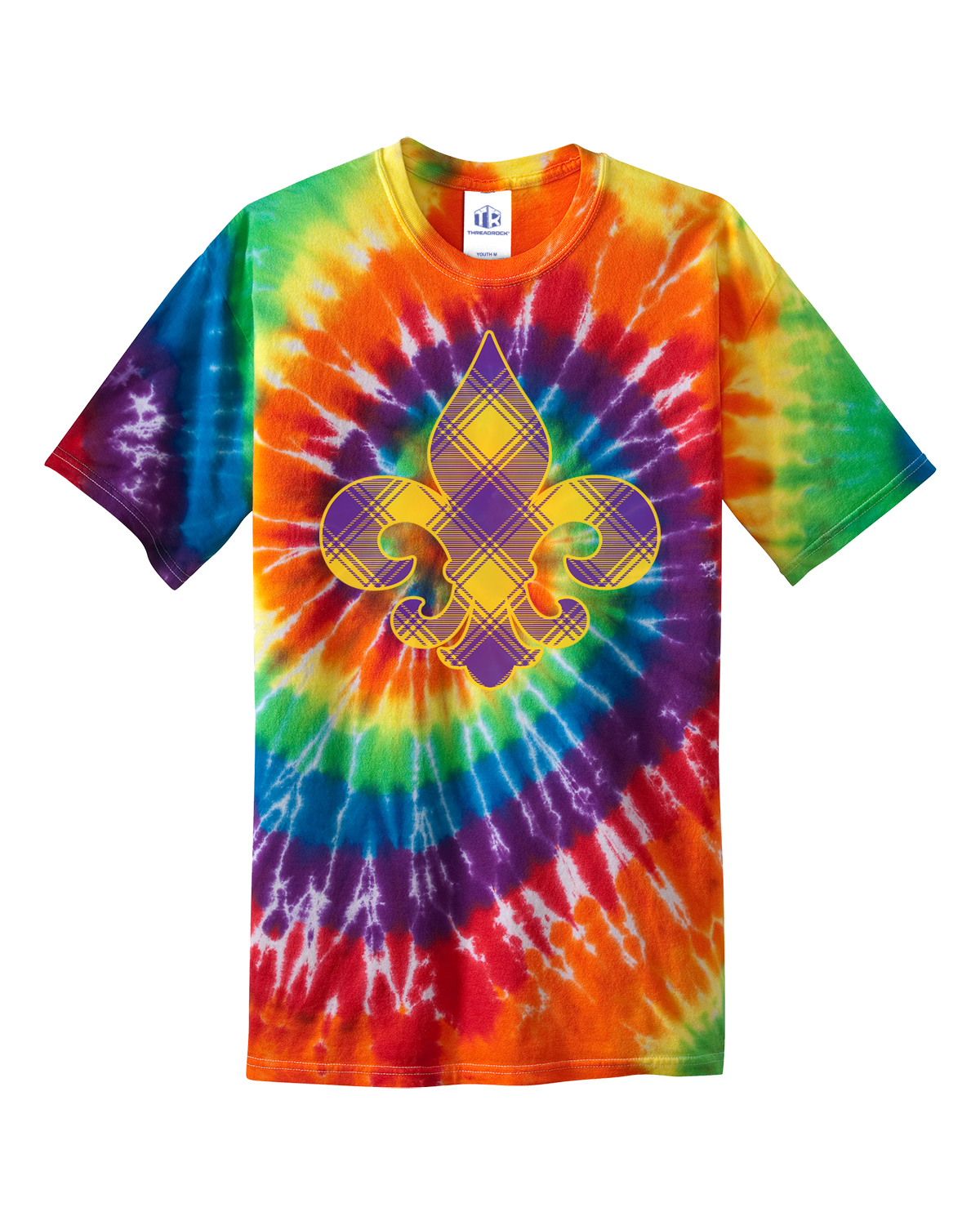 Plaid Mardi Gras Fleur De Lis Youth Tie Dye T-Shirt New Orleans Party - Picture 5 of 5